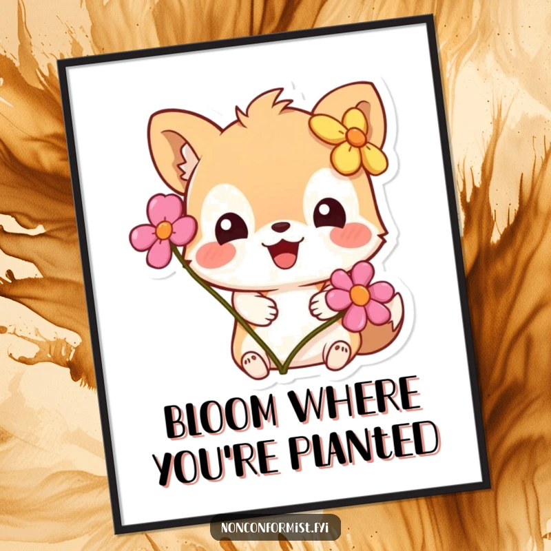 Funny Digital Art Print: An adorable animal character with a flower adorably misplaced on its head, capturing whimsical humor.