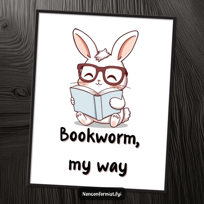 Funny bunny digital art print with a curious rabbit wearing glasses, reading a sideways book, ideal for instant intellectual decor.