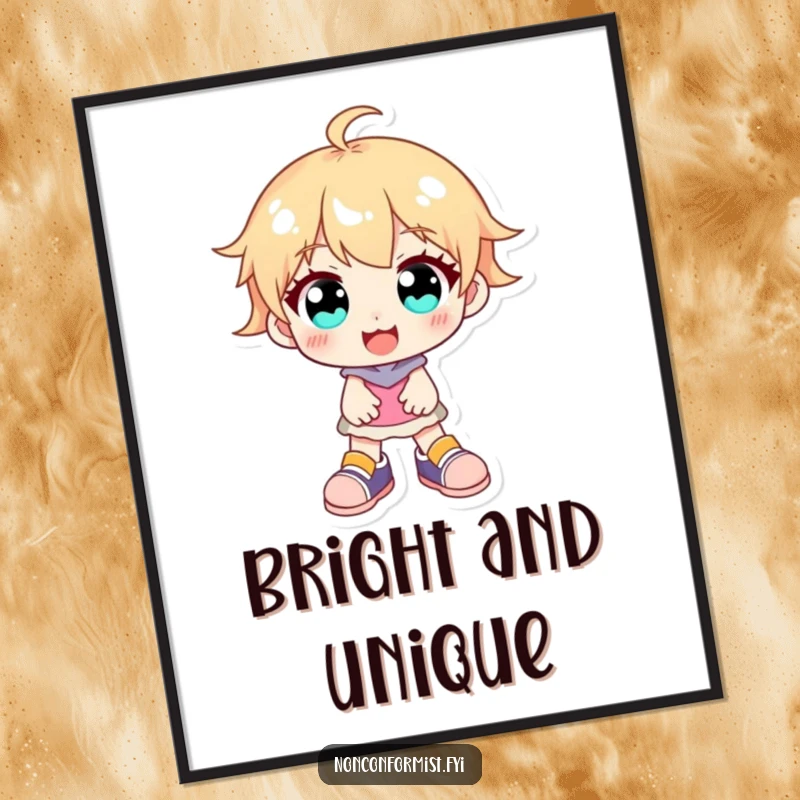 Funny character with bright, expressive eyes, wearing mismatched shoes and smiling, presented as a vibrant digital art print.