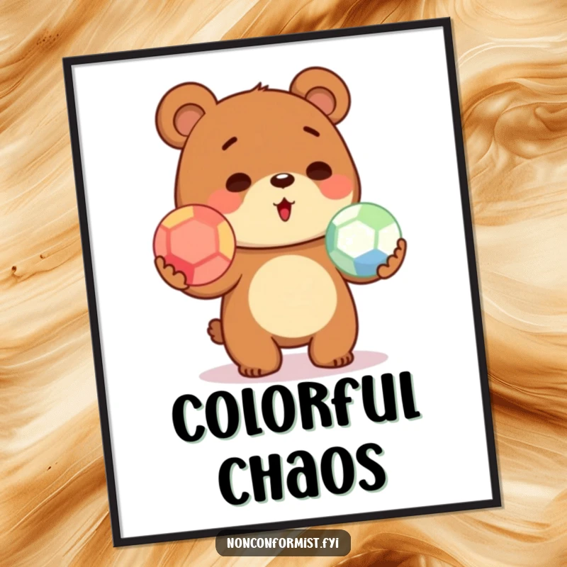 Funny illustration of a cute bear attempting to juggle three vibrant balls, presented as a delightful digital art print.