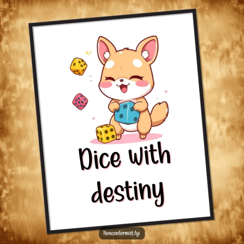 Digital art print of a funny animal character winking and juggling colorful dice, ready to be printed.