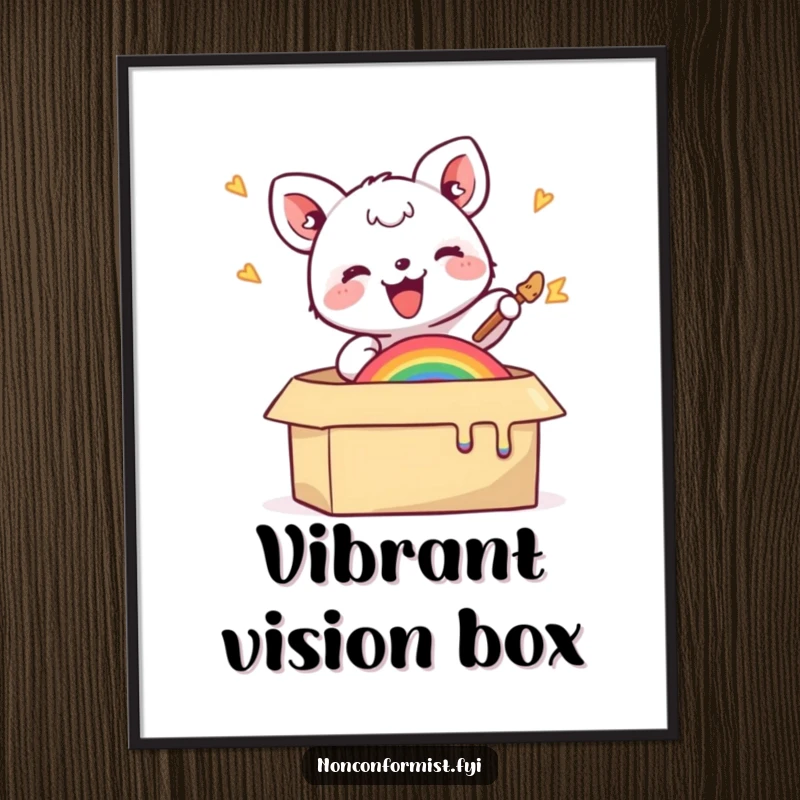 Funny digital art print of a small animal joyfully painting a rainbow inside a box, perfect for adding vibrant, humorous decor.