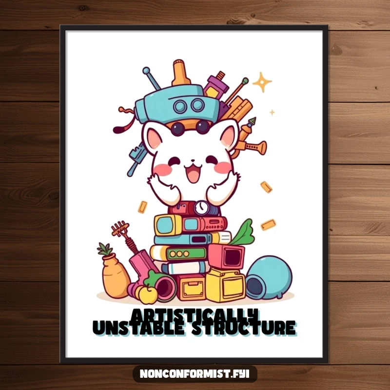 Funny digital art print of a small animal character joyfully building a peculiar tower of diverse items, vibrant and humorous.