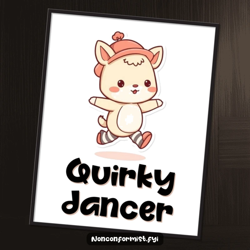 Funny animal digital art print of a cute character in mismatched socks and a quirky hat, skipping with joyful energy.