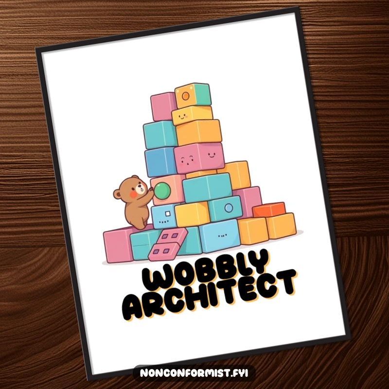 Funny Bear Digital Art Print of a small bear character building a lopsided tower of colorful, unusual blocks, offering a humorous and charming decorative element.