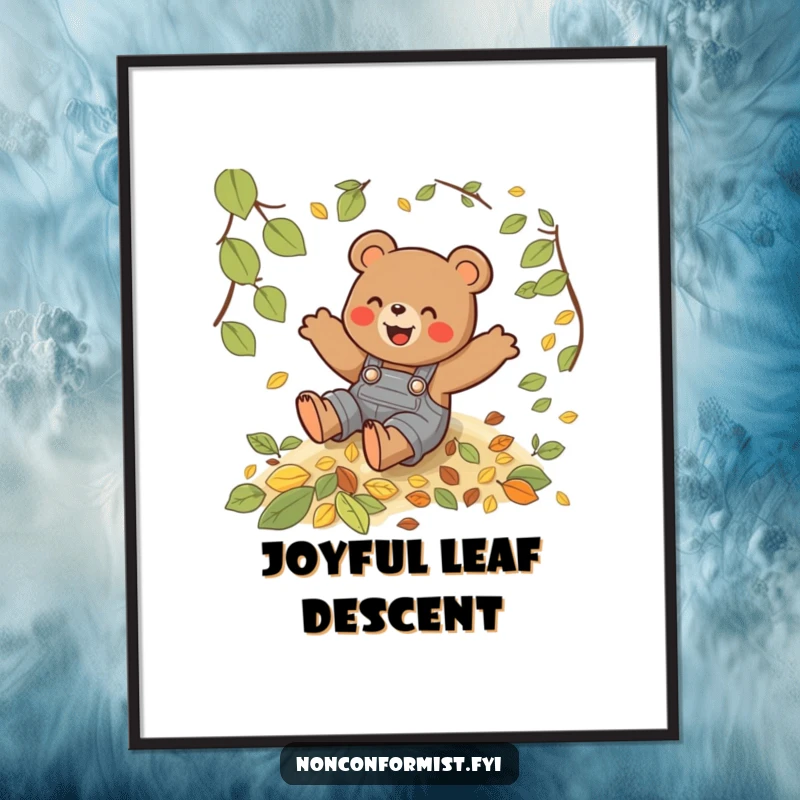 Funny digital art print of a playful bear in overalls sliding down a hill of autumn leaves, a joyful scene.