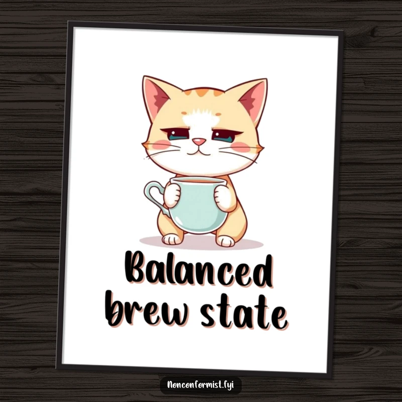 Funny Cat Digital Art Print: A quirky cat balancing a teacup on its nose with intense focus, perfect for instant decor.