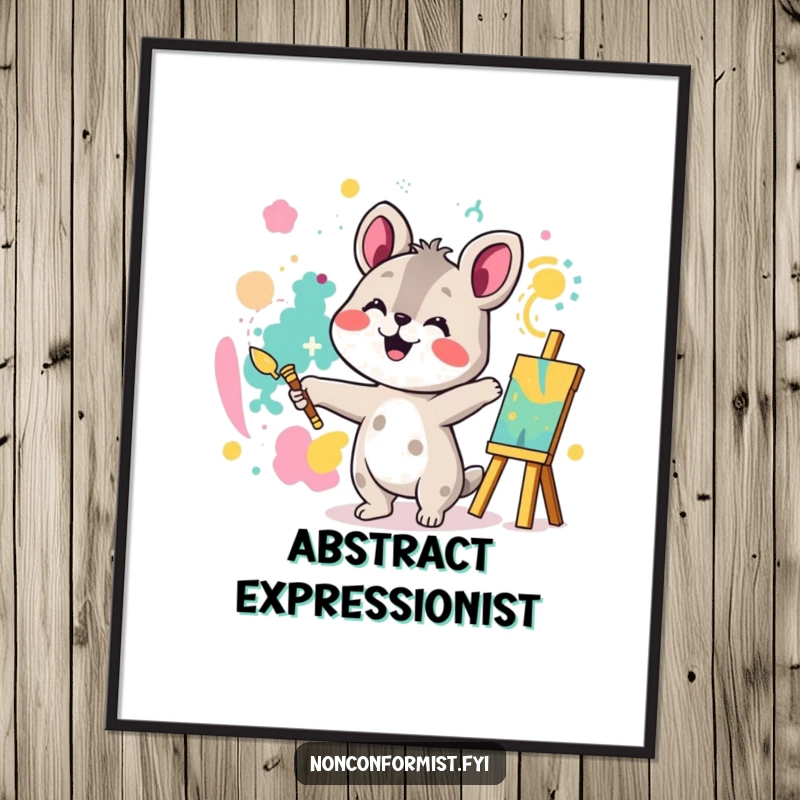 Funny digital art print of an animal character joyfully painting a colorful, abstract pattern, capturing pure creative energy.