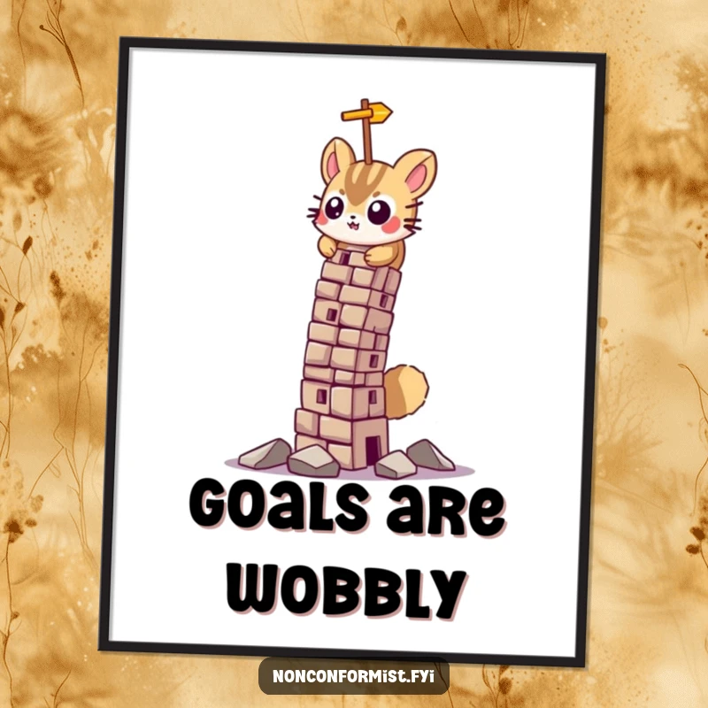 Funny digital art print of a small cat with a determined expression, building a leaning tower, representing focused effort.