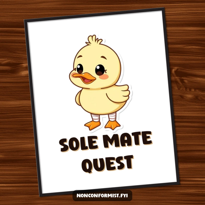 Funny digital art print of a cute duck character wearing mismatched socks and a wide, goofy grin, radiating playful charm.