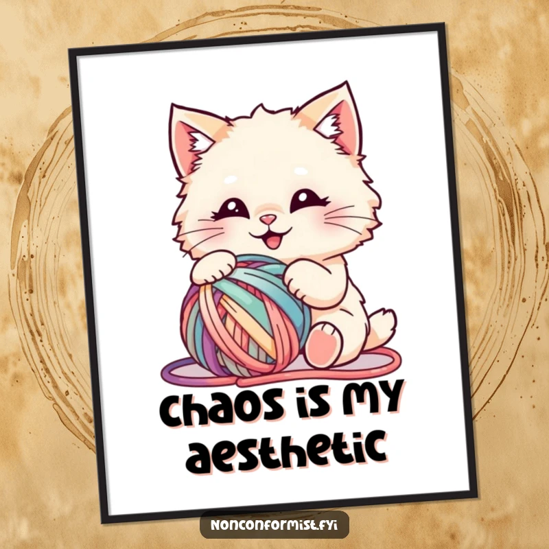 Funny digital art print of a fluffy cat gleefully playing with a chaotic, multi-colored ball of yarn, capturing pure feline joy.