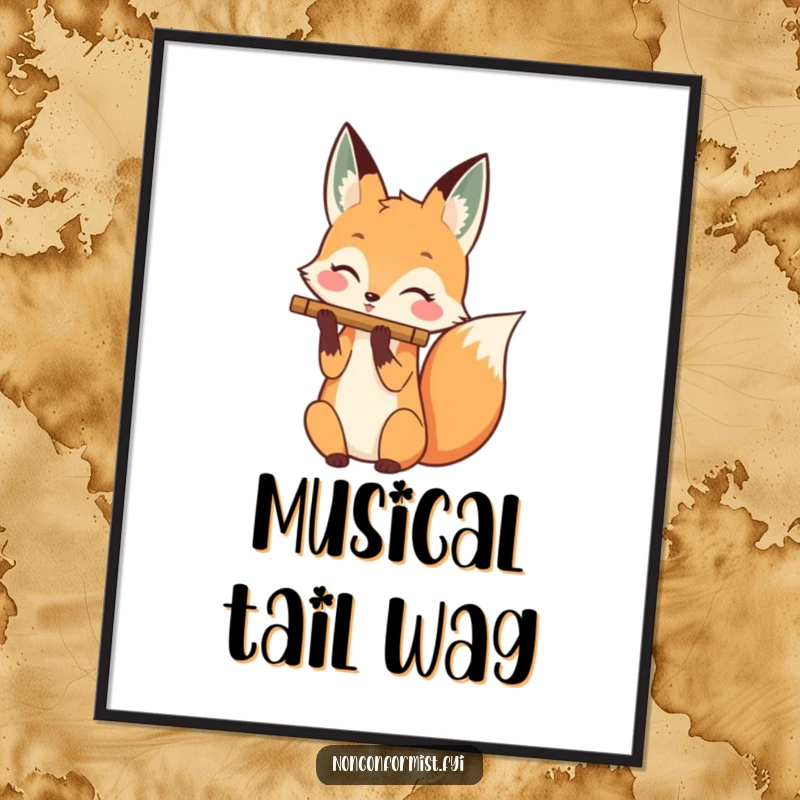 Funny digital art of a happy fox character playing a flute with its tail, creating a whimsical musical scene.