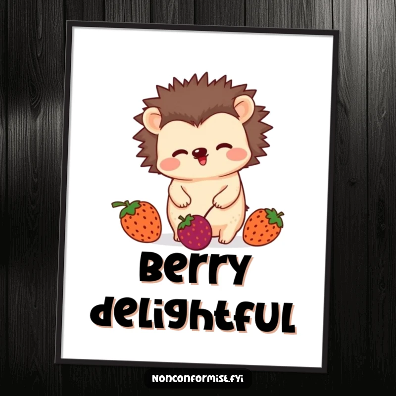 Funny digital art print of an unconventional hedgehog character wiggling playfully while juggling three mismatched berries, instantly downloadable.