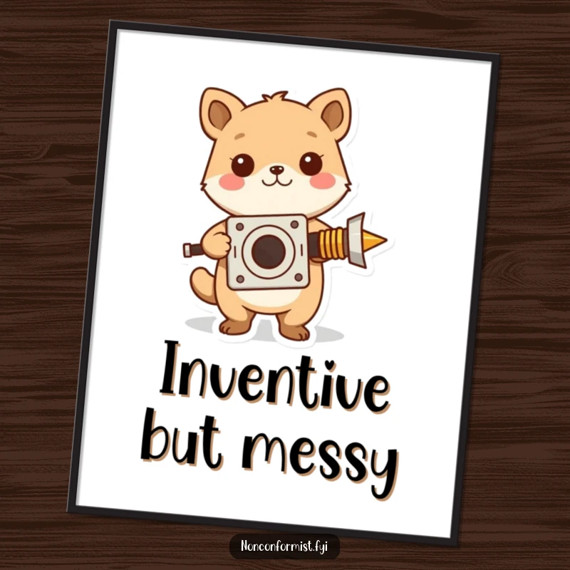 Funny digital art print of a cute fox proudly displaying a peculiar, homemade invention, celebrating quirky innovation.