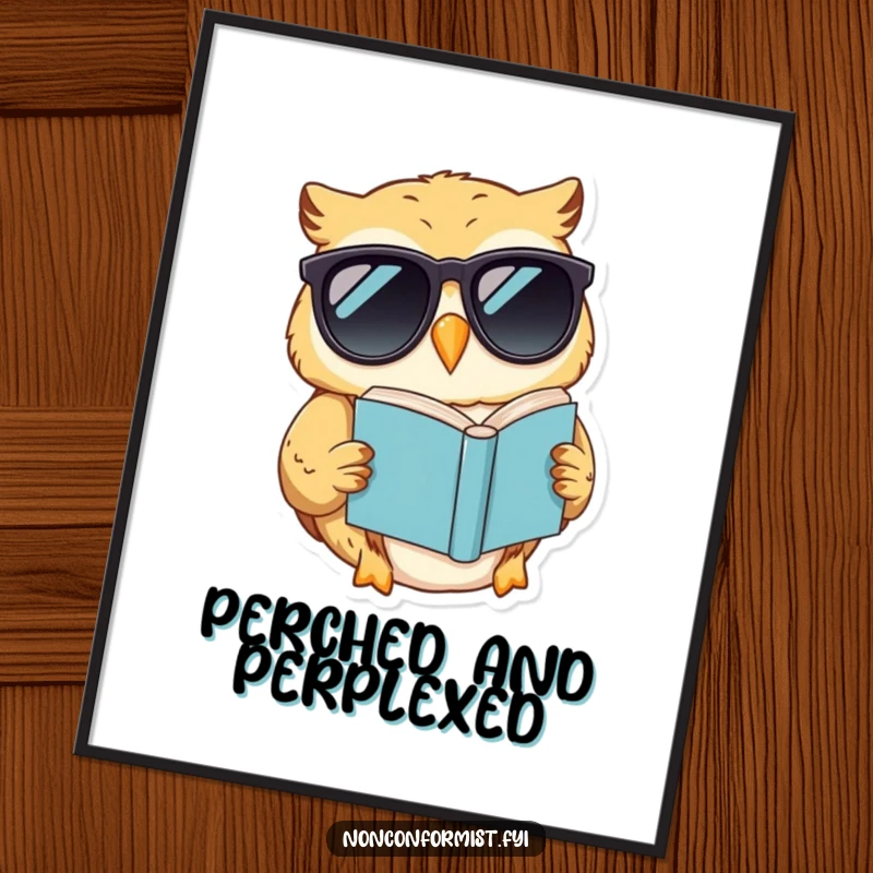 Funny digital art print of a smiling owl wearing sunglasses, reading a book upside down, full of cool and quirky spirit.