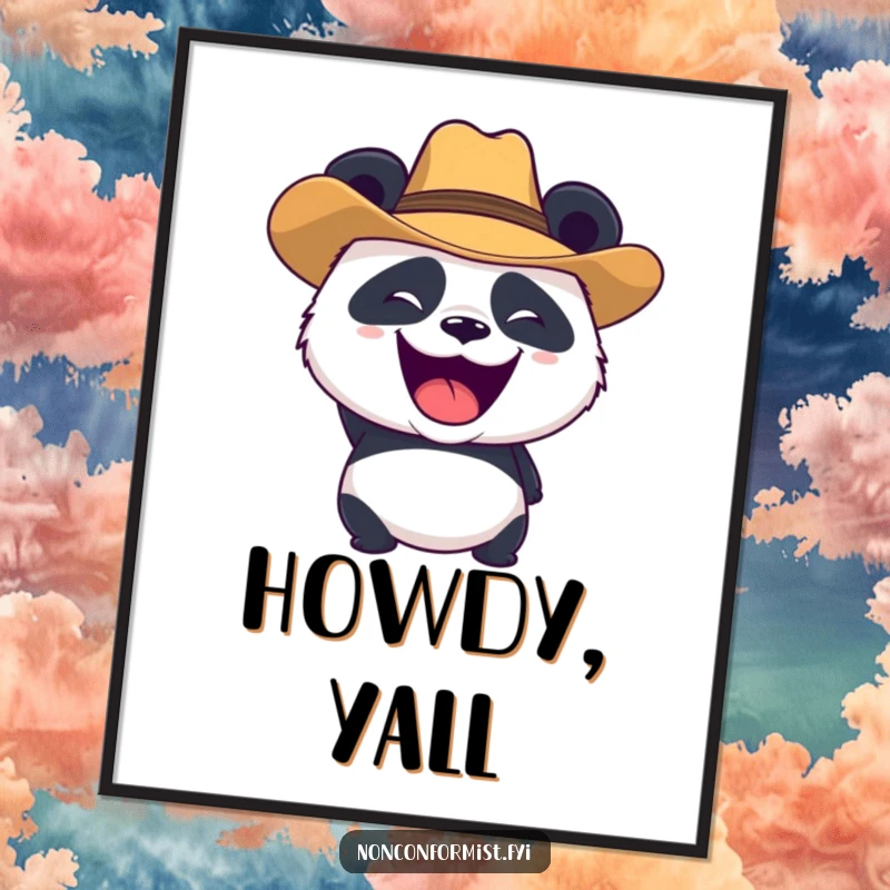 Funny panda character wearing a cowboy hat and roaring playfully, as a digital art print for humorous and lively decor.