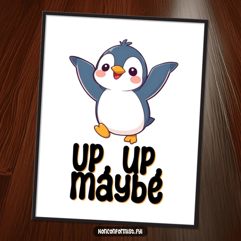 Funny kawaii penguin character with mismatched wings happily trying to fly, as a digital art print for whimsical and funny decor.