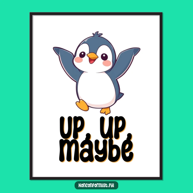 Funny Penguin Flying Art Print: Kawaii Character Decor for Whimsical Walls