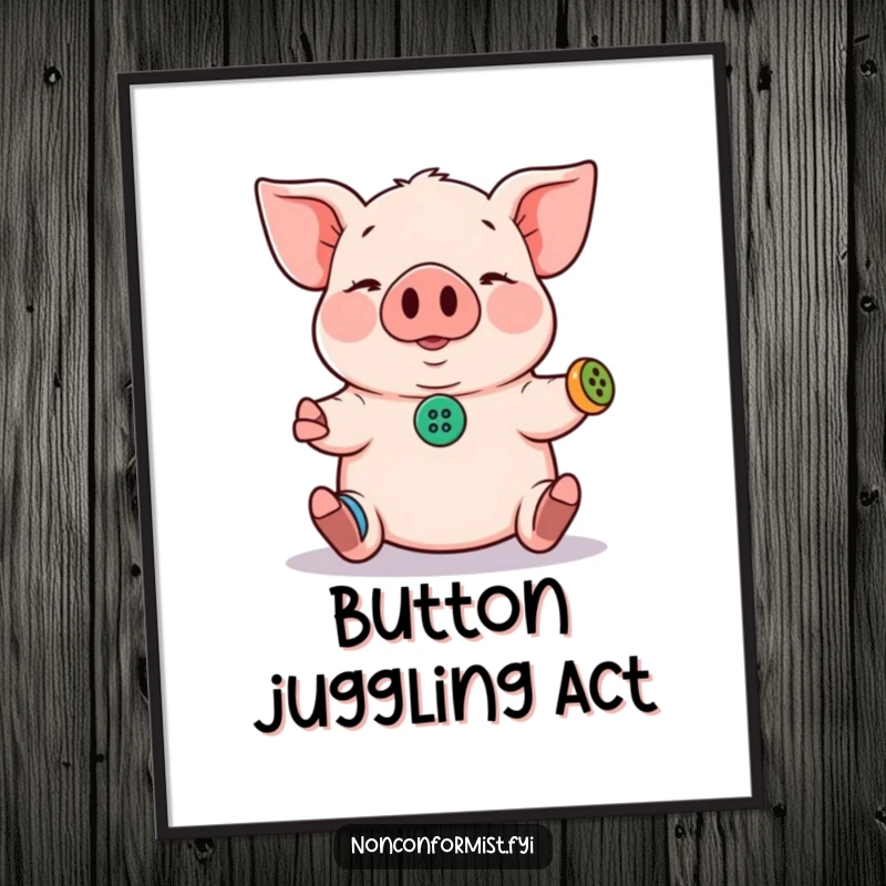 Funny Pig Digital Art Print: A pig juggling tiny mismatched buttons, vibrant and humorous, ready to download and print.