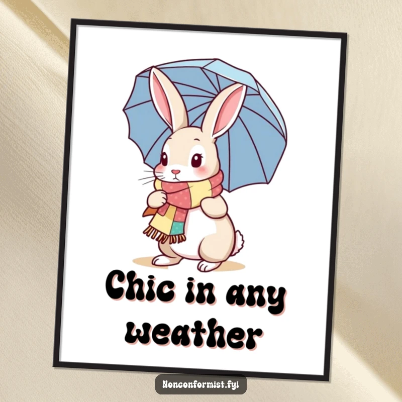 Funny Rabbit Digital Art Print: A charming rabbit illustration with a patchwork scarf and umbrella, ready to add a humorous touch to any digital display.
