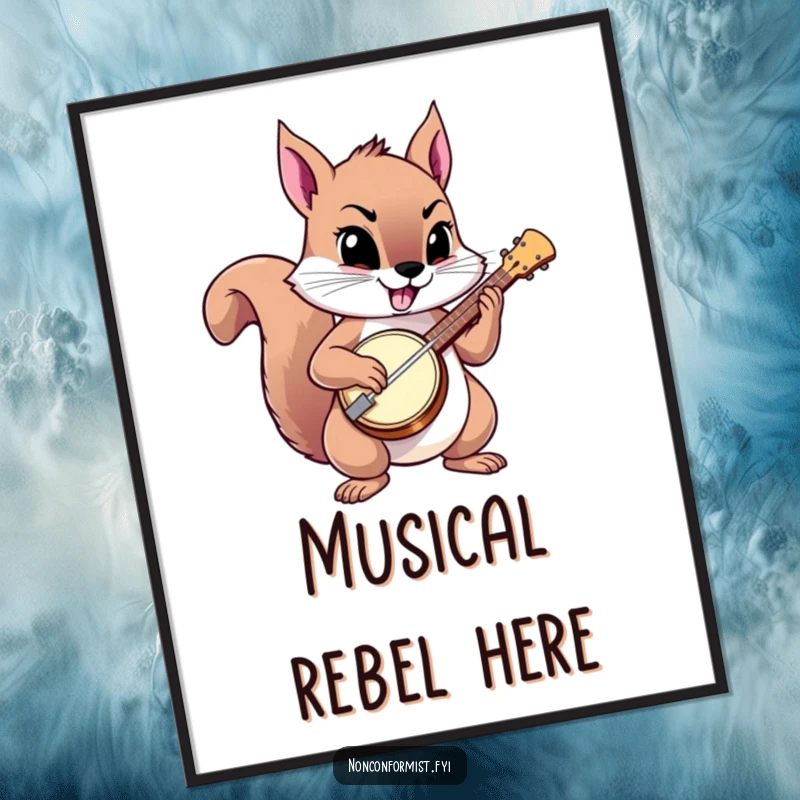 Funny squirrel digital art print of a squirrel playing a banjo defiantly, downloadable art.