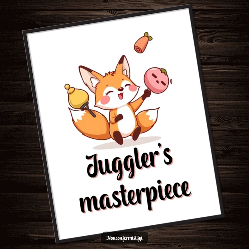 Funny fox digital art print of a playful character juggling three odd objects, perfect for adding humor and skill.
