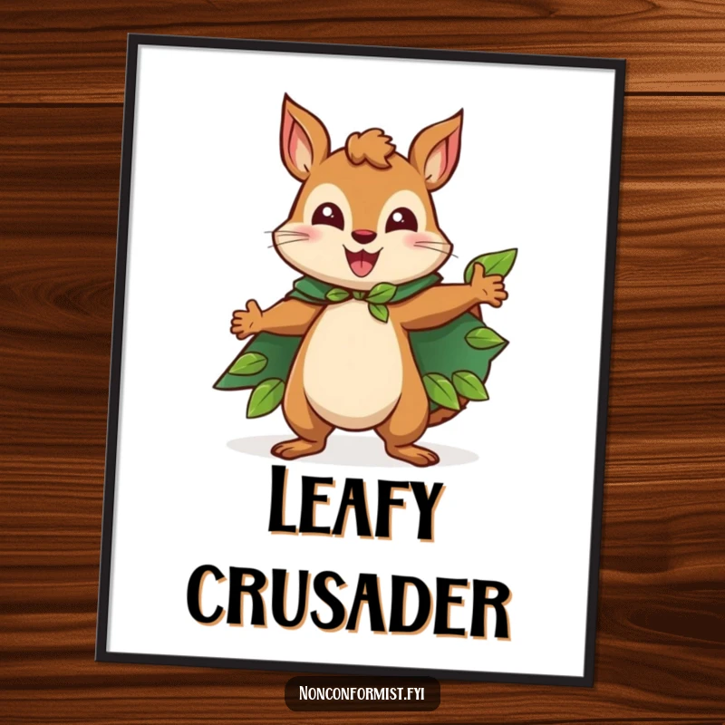 Funny Squirrel Digital Art Print of a happy squirrel character wearing a cape made of leaves and striking a heroic pose, offering a humorous and charming decorative element.