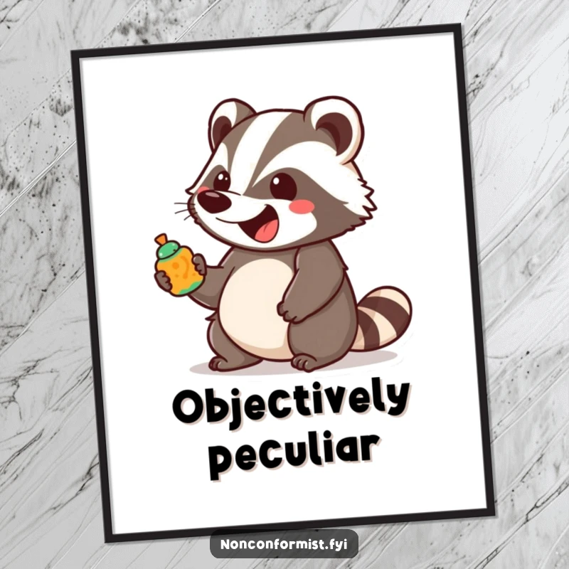 Funny unique badger character bounces with excitement holding a brightly colored, unusual object, presented as a downloadable digital art file.