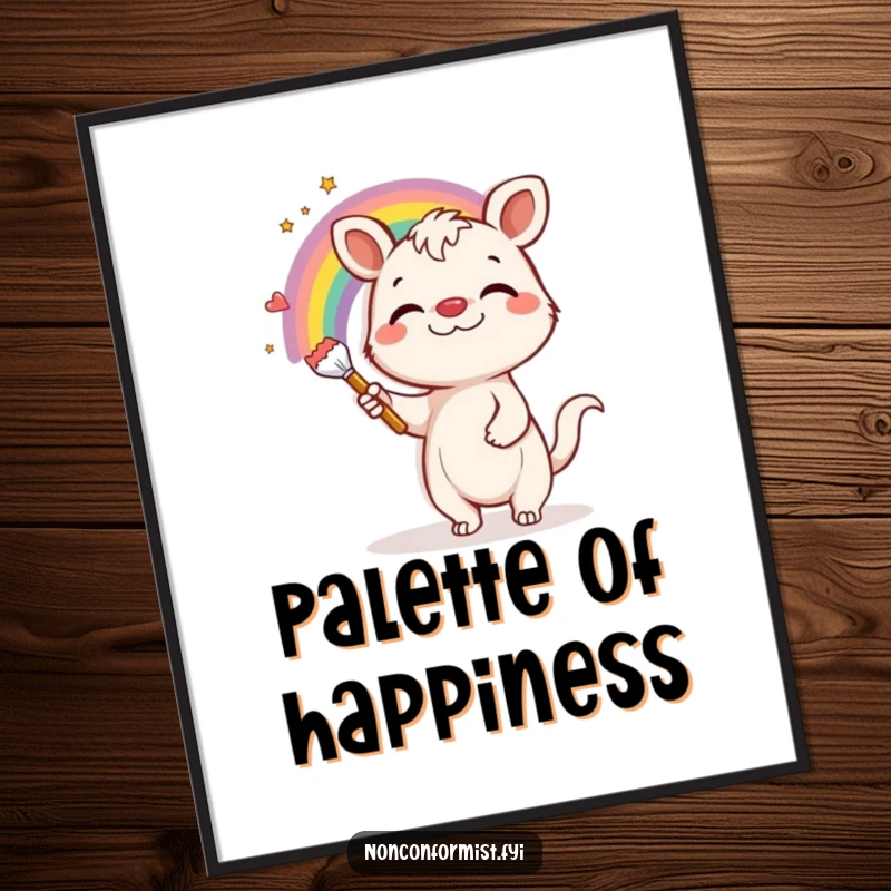 Funny Digital Art Print: A playful animal with a silly grin creates a colorful rainbow on a drab grey wall.