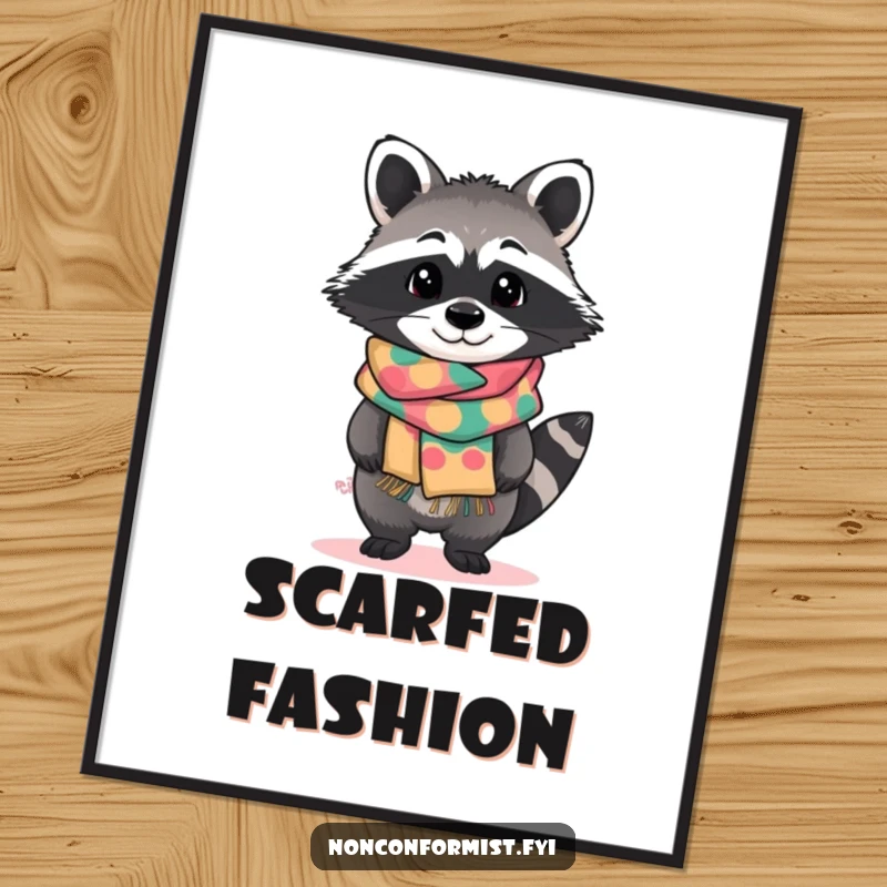Funny digital art print of a standout raccoon character tilting curiously, wearing a brightly patterned handmade scarf, instantly downloadable.