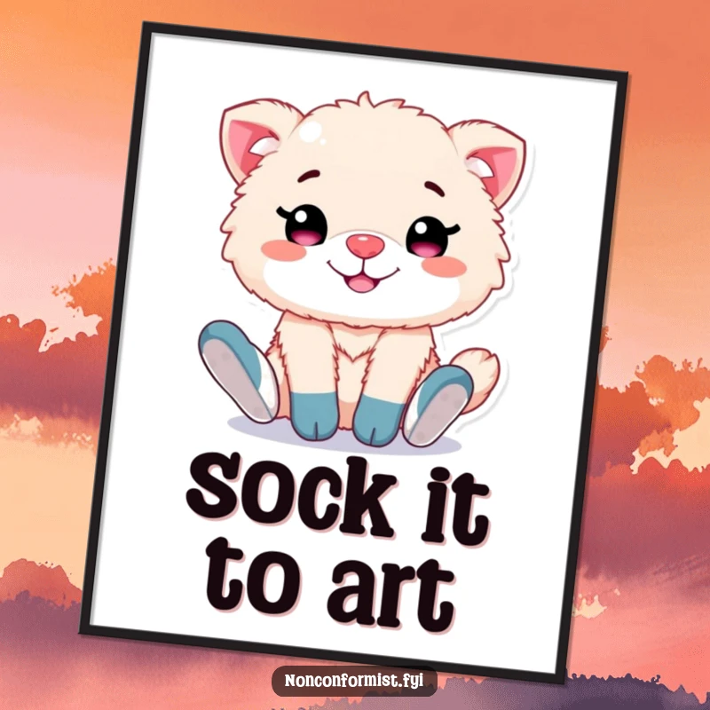 Funny digital art print of a cute, fluffy animal character grinning proudly, showing off its mismatched socks with playful confidence.