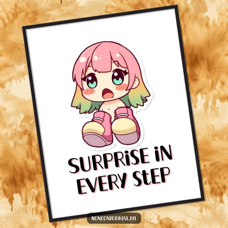 Funny Digital Art Print of a surprised character wearing huge, brightly colored shoes. A whimsical and funny gift.