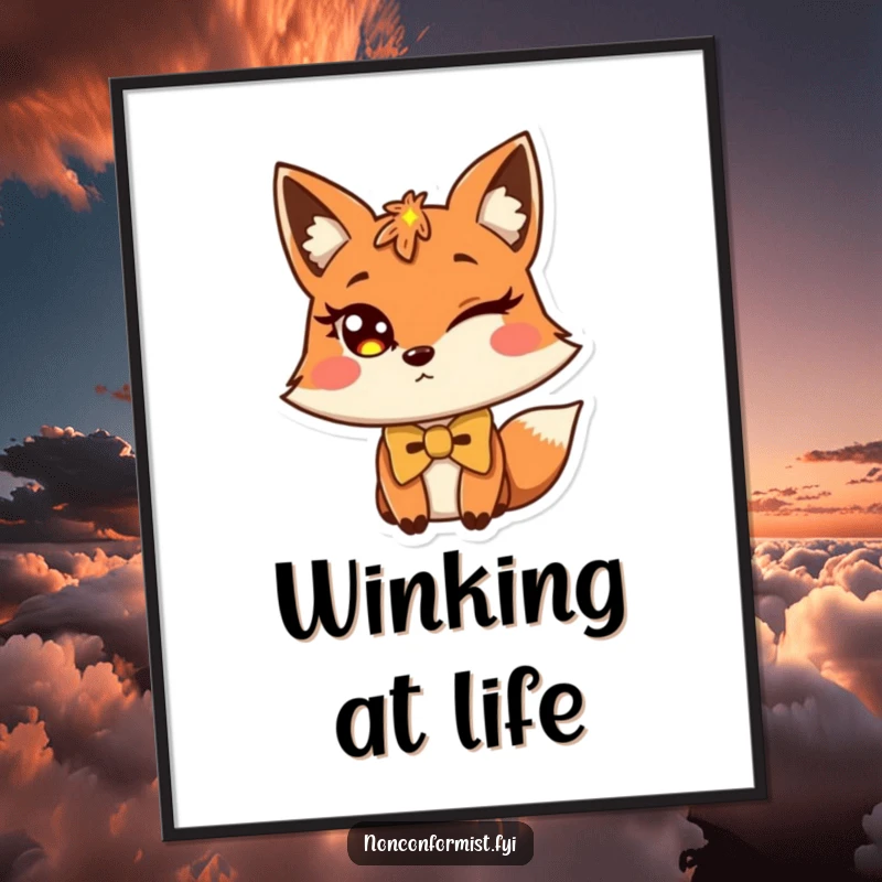 Funny fox digital art print of a winking fox wearing a slightly askew bow tie, downloadable.