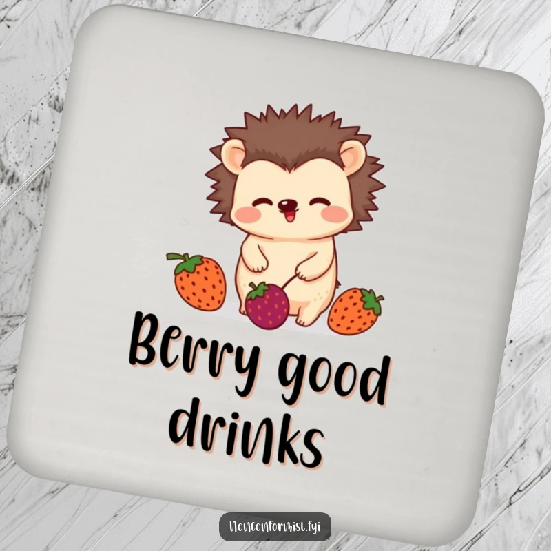 Funny drink coaster with an unconventional hedgehog character wiggling playfully while juggling three mismatched berries, protecting surfaces with humor.