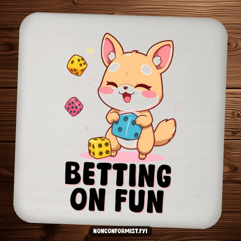 Funny animal character juggling dice on a drink coaster, protecting surfaces with a wink and humor.