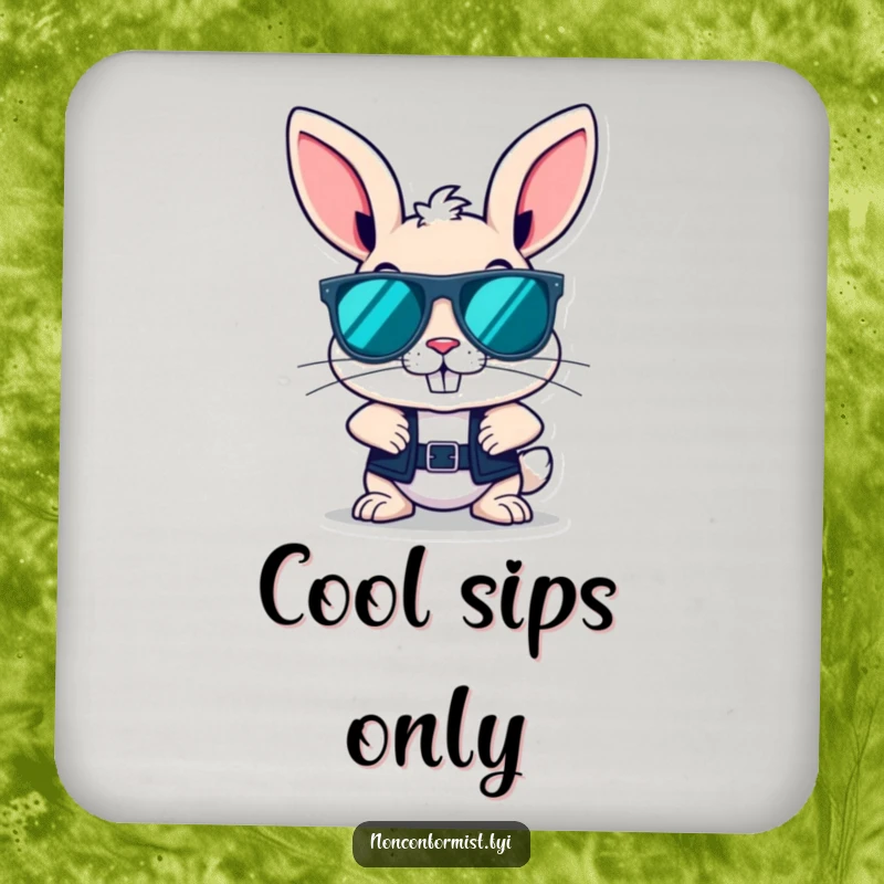 Funny bunny with a cool grin and oversized sunglasses, depicted on a set of coasters for a rebellious touch.
