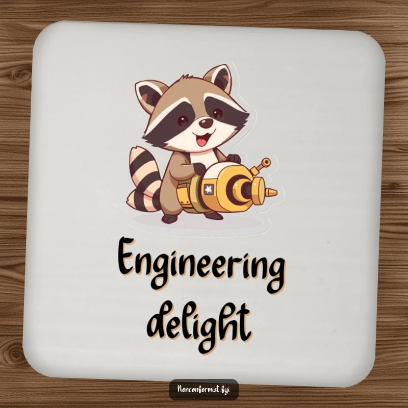 Funny raccoon character on a drink coaster, busy building a peculiar apparatus, adding humor to any surface.