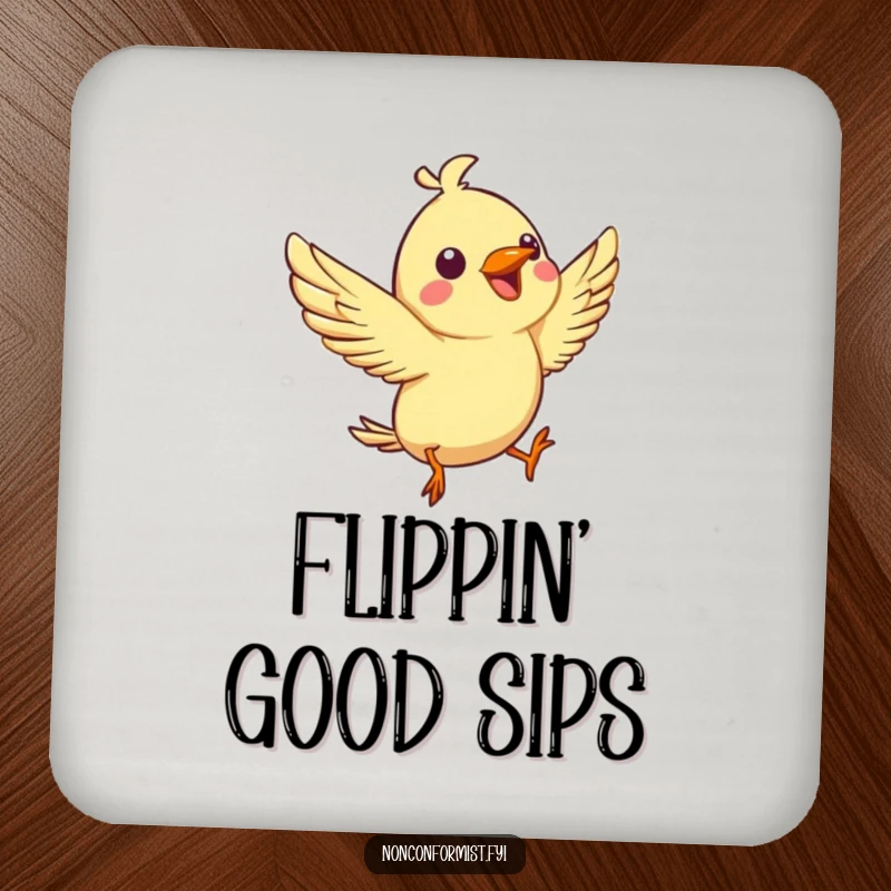 Funny drink coaster with a spirited bird character joyfully chirping while performing an aerial flip, protecting surfaces with humor.