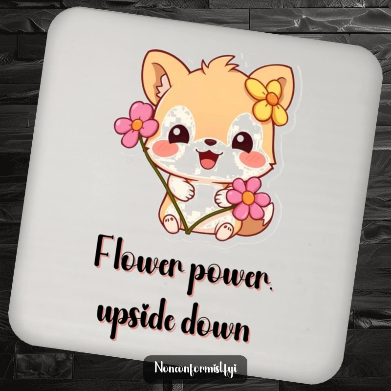 Funny Coaster: A small animal character looking amused with a flower worn incorrectly, acting as a humorous drink protector.