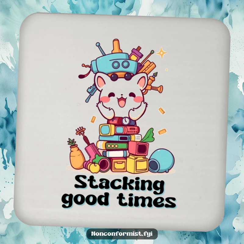 Funny drink coaster featuring a small animal character stacking unusual items, adding a humorous touch to any surface.