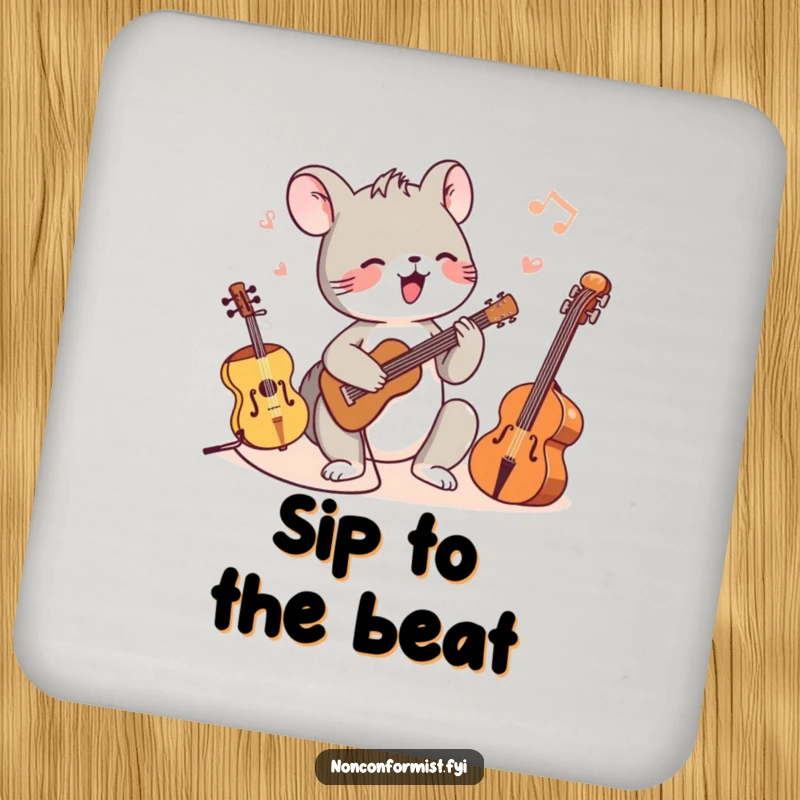 Funny drink coaster featuring a tiny animal character playing different-sized musical instruments, bringing a touch of musical humor.