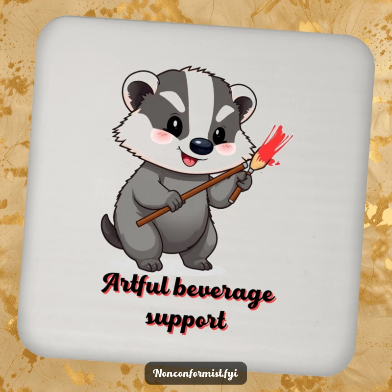 Funny Drink Coasters showing a happy badger painting a bright red stripe on its grey fur, adding artistic flair.
