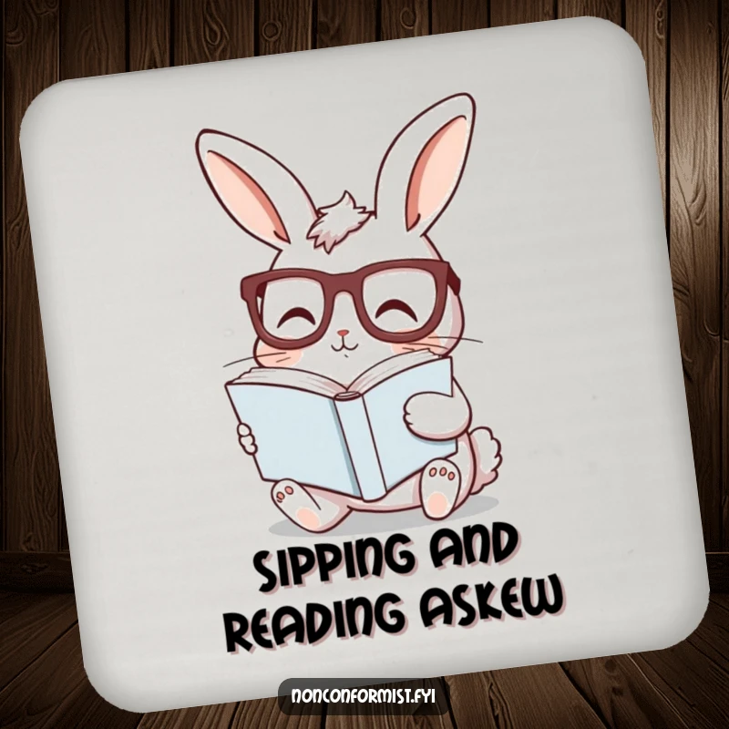 Funny bunny coaster featuring a curious rabbit with glasses, reading a sideways book, adding intellectual humor to surfaces.