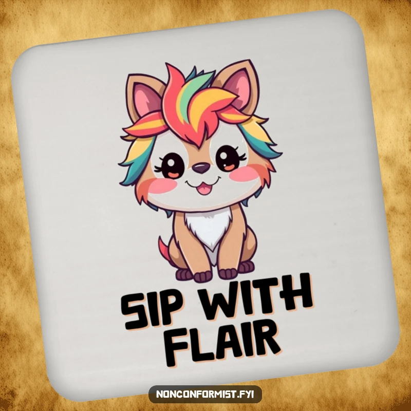Funny drink coaster featuring a smiling pet with wild, vibrant rainbow streaks in its fur, adding a colorful touch.