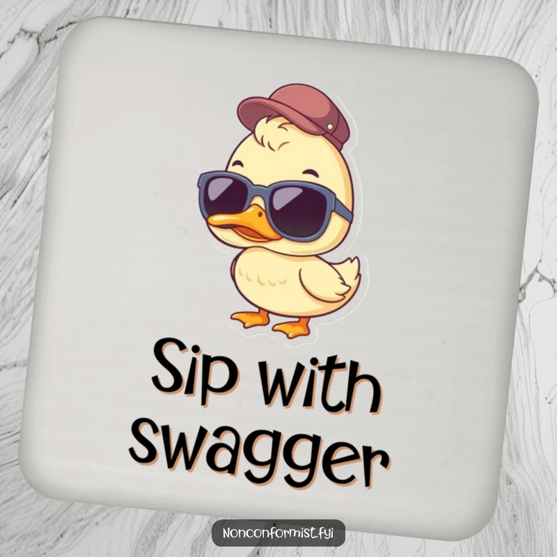 Funny Duck Coasters: A set of 4 featuring a cool duck in oversized sunglasses and a jaunty cap, protecting surfaces with humor.