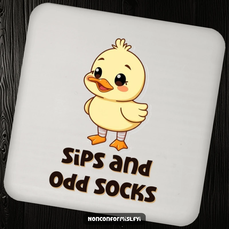 Funny drink coaster featuring a cute duck character wearing mismatched socks and a goofy grin, adding humor to surfaces.