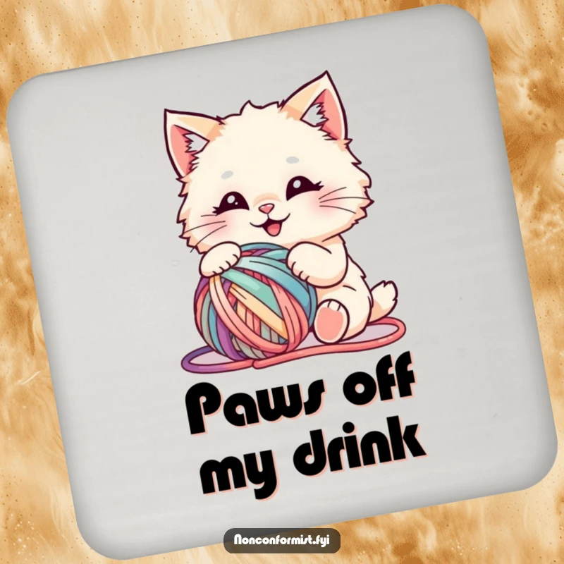 Funny drink coasters showcasing a fluffy cat joyfully playing with a colorful ball of yarn, adding a humorous accent.