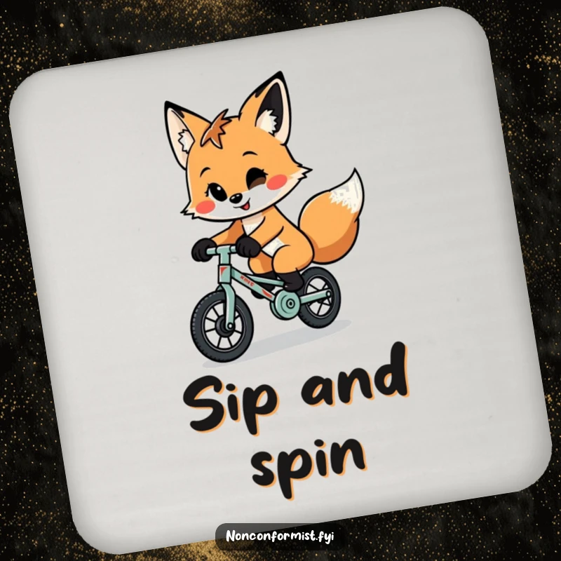 Funny quirky fox with a playful smirk riding a tiny, patched-up unicycle, featured on a set of charming coasters.