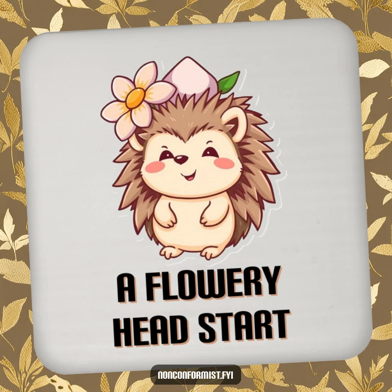 Funny hedgehog coaster featuring a smiling creature wearing an upside-down flower hat, adding humorous protection to surfaces.