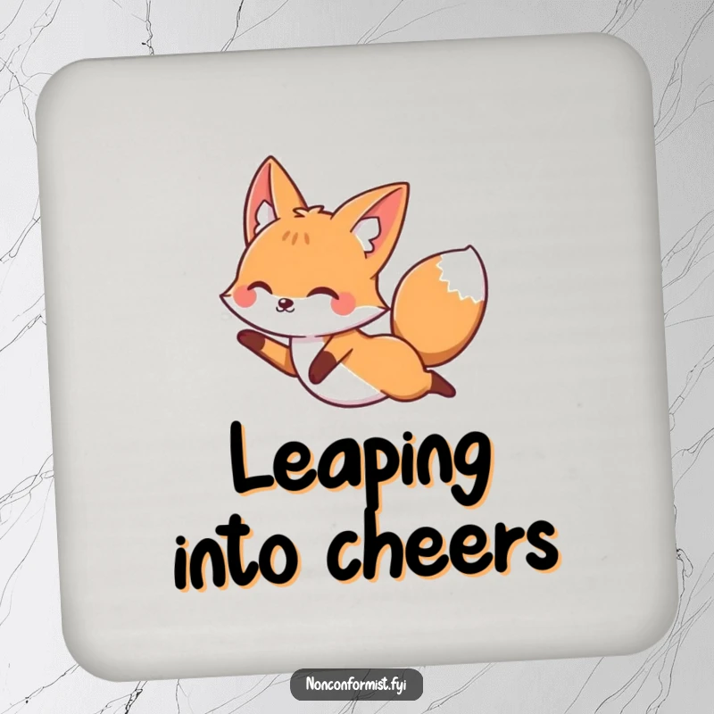 Funny fox joyfully leaping over a straight line on a drink coaster, adding a touch of playful defiance.
